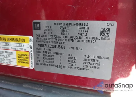 2013 Chevrolet Traverse Ltz z USA, uszkodzony, nr VIN 1GNKRLKD2DJ185370